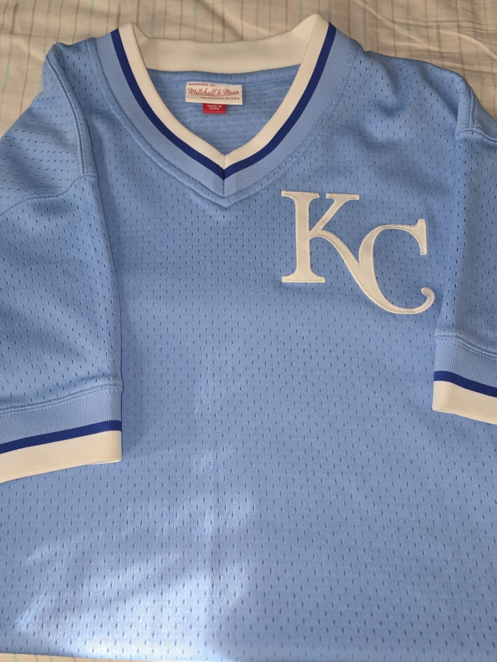 Mitchell & Ness Light Blue KC Mesh V-Neck Jersey Top